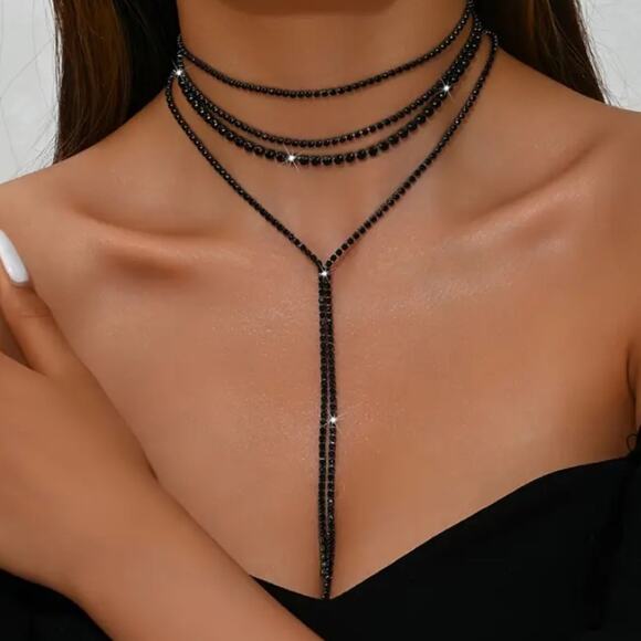 Black Crystal Y Lariat Choker Matching Earrings Rhinestone Necklace New Years - Picture 5 of 10